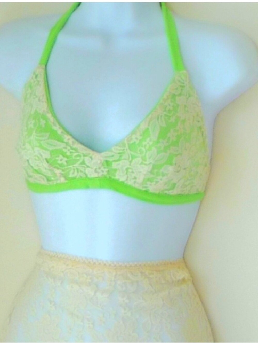 Bikini Top + Skirt Neon Green Reversible Lace Cotton Fest Beach Hand Made OOAK